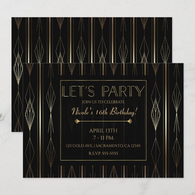 Invitación Día del Fiesta del Art Deco Negro y Oro (Anverso / Reverso)
