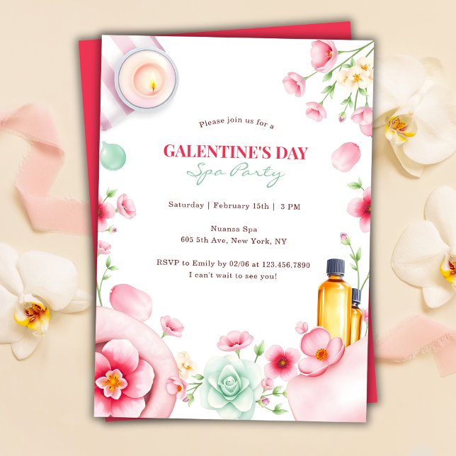 Invitación Día del Fiesta Galentine, el spa de relajación flo (Girly Floral Relaxing Spa Party Galentine’s Day Invitation)