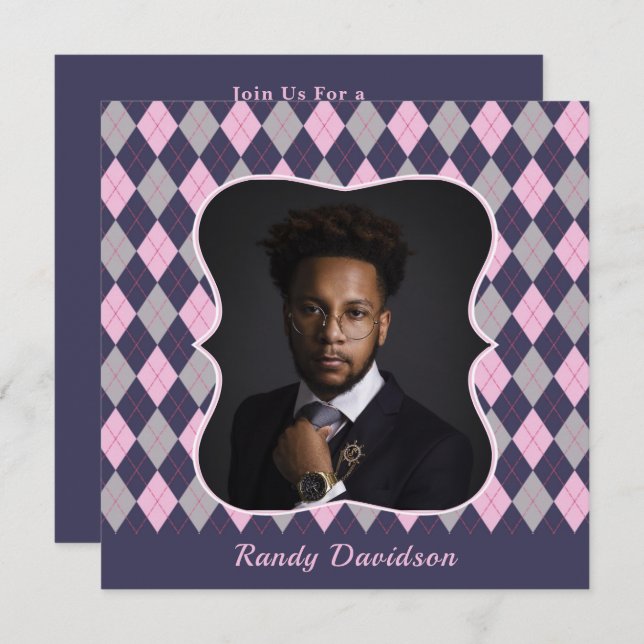 Invitación Día del Padre Foto Azul Rosa Argyle Fiesta de cena (Anverso / Reverso)