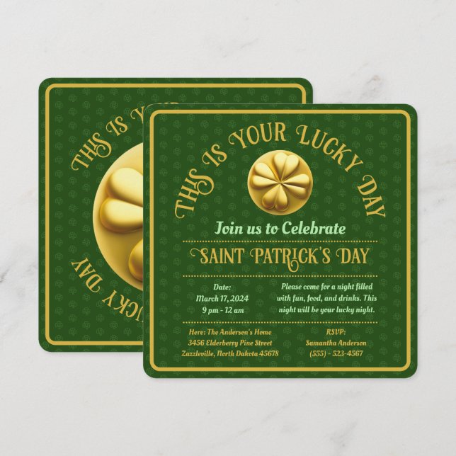 Invitación Día del Shamrock de oro personalizado en San Patri (Anverso / Reverso)