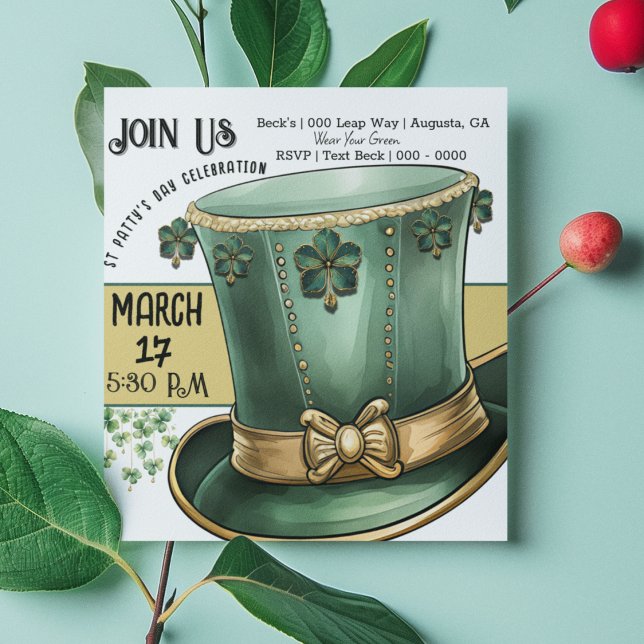 Invitación Día del Sombrero del Leprechaun Verde y Oro (St Paddy's Day customizable invitation featuring a cute top hat and fun jeweled shamrocks)