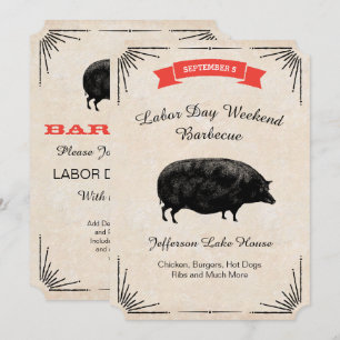 Invitación Día del Trabajo Barbacoa BBQ Pícnic Cerdo Negro Vi