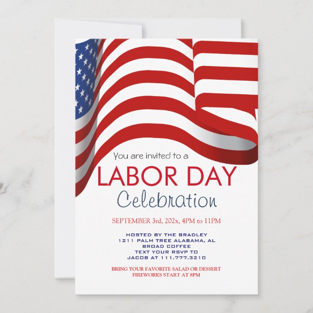 Invitación Día del Trabajo BBQ Fiesta bandera de los Estados  (Anverso)