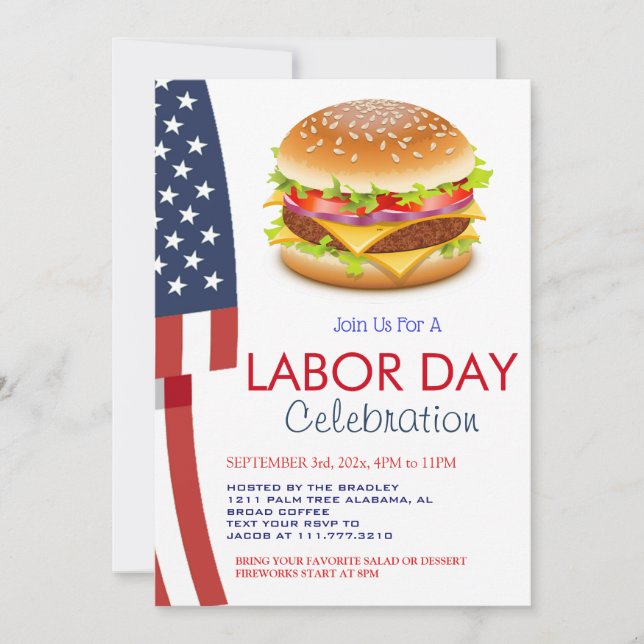 Invitación Día del Trabajo BBQ Fiesta bandera de los Estados  (Anverso)