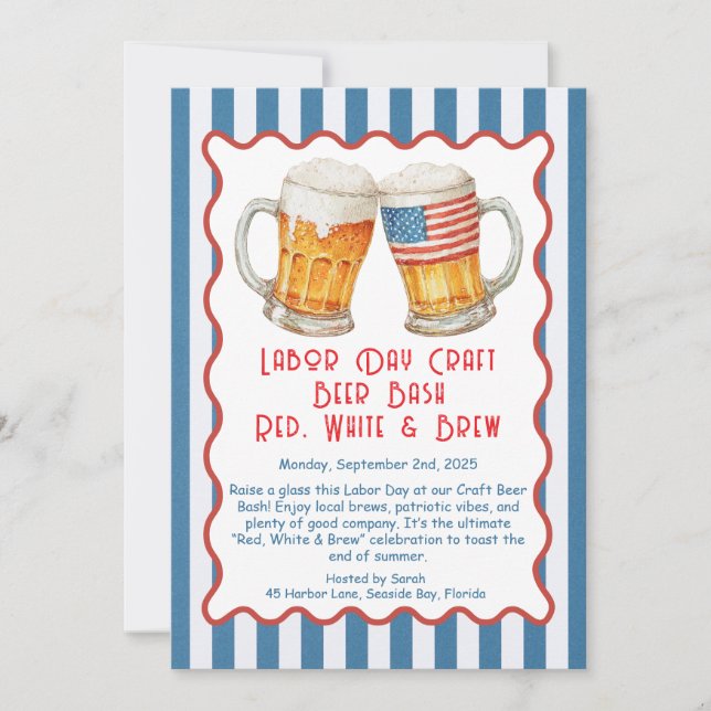 Invitación Día del Trabajo Craft Beer Bash – Rojo, Blanco, ce (Anverso)