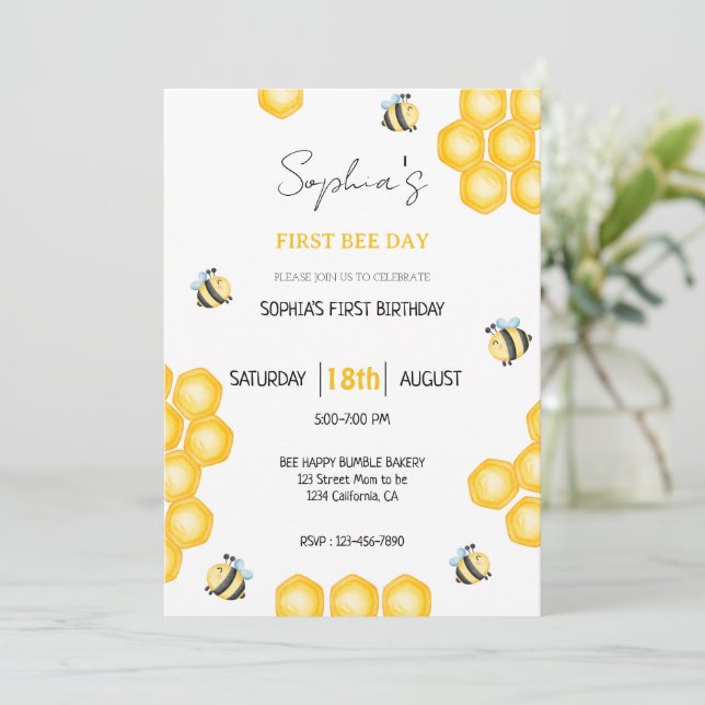 Invitación Día Dulce Abeja Primer Cumpleaños Fiesta de Abejas (Anverso de pie)