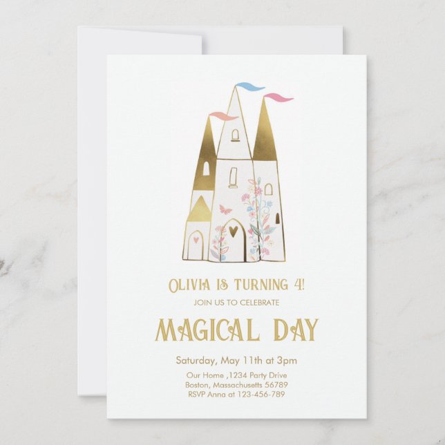 Invitación Día mágico Castillo Princesa Chica Cumpleaños (Anverso)