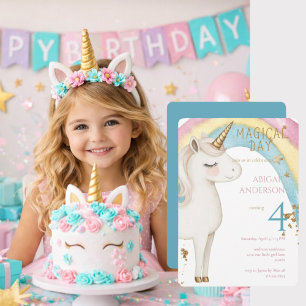 Invitación Día Mágico Cumpleaños De Niña Unicornio Turquesa F
