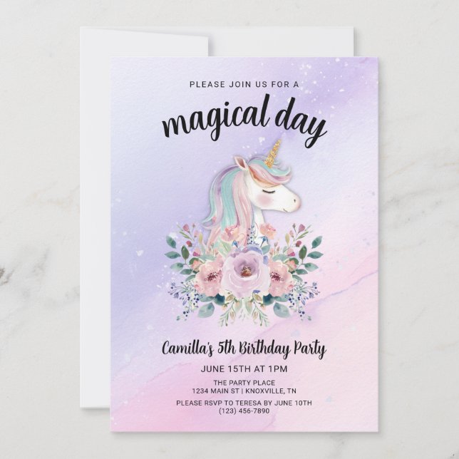 Invitación Día Mágico Cumpleaños de Unicornios y Flores (Anverso)
