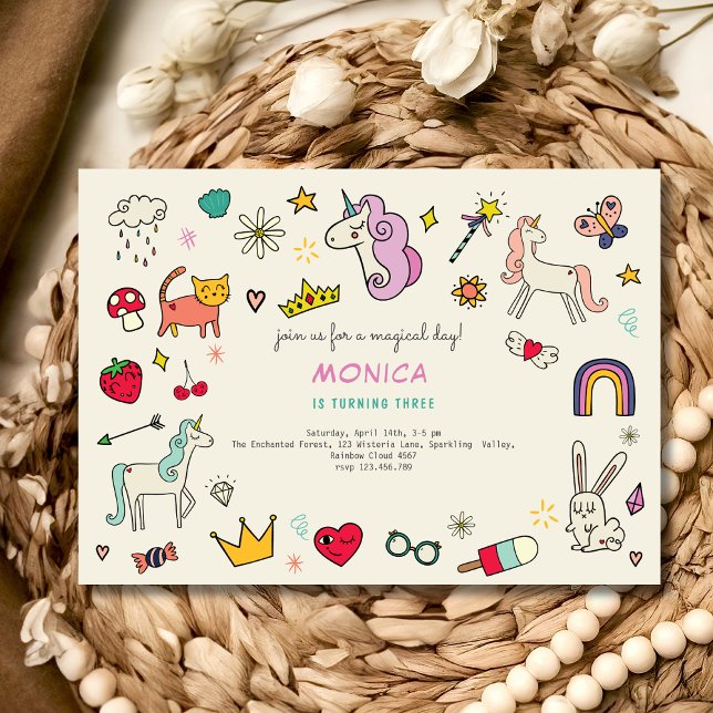 Invitación Día mágico gatos conejos unicornios niños cumpleañ (Subido por el creador)