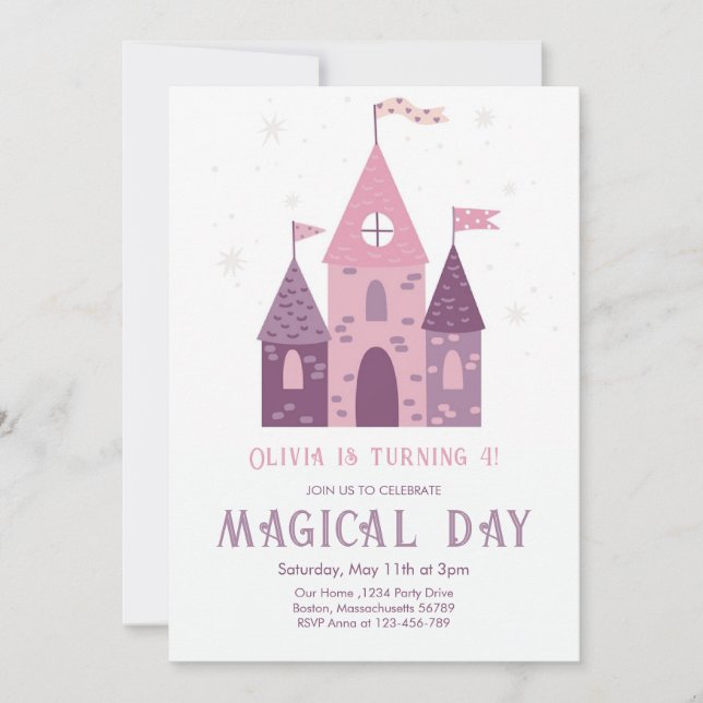Invitación Día mágico lindo Castillo Princesa Chica Cumpleaño (Anverso)