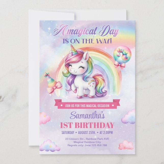 Invitación Día mágico Unicornio y arcoiris primer cumpleaños (Anverso)