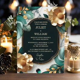Invitación Día Mármol Monstera Verde Esmeralda Y Boda De Oro