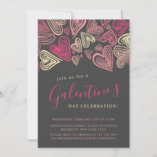 Invitación Día moderno de Gris y Galentina Rosa (Anverso)