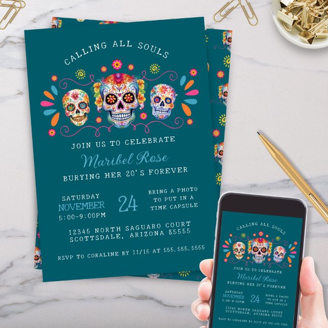 Invitación Día verde azulado de la Caladera en la calavera de (aqua teal day of the dead calling all souls caladera mexican sugar skull birthday party invitations)
