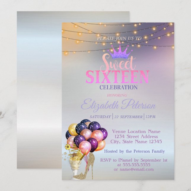 Invitación Diadema con brillo, Cóctel, Fiesta Dulces 16 Plate (Anverso / Reverso)