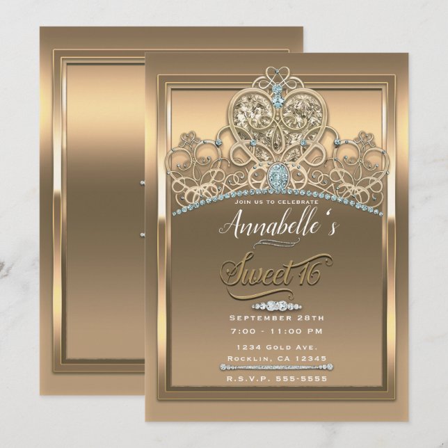 Invitación Diadema Corazón Princesa Glam Dorado Fiesta Dulces (Anverso / Reverso)