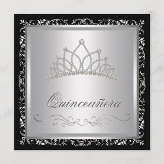 Invitación Diadema de Diamantes Negra Damask Quinceanera