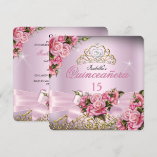 Invitación Diadema de Rosas Rosadas Lindas para Quinceañera C