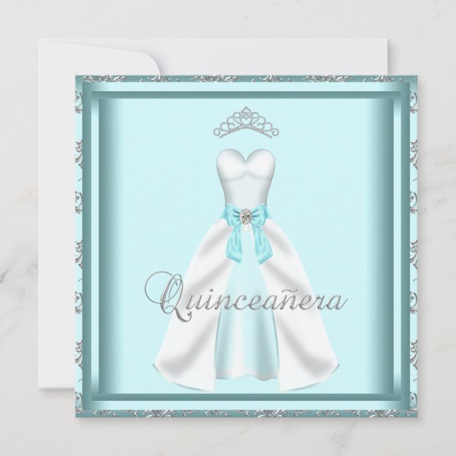 Invitación Diadema de vestido de fiesta damasco azul Quinceañ (Anverso)