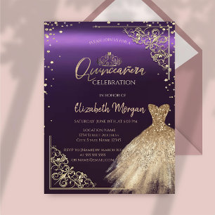 Invitación Diadema de vestido dorado chic, diamantes Quinceañ