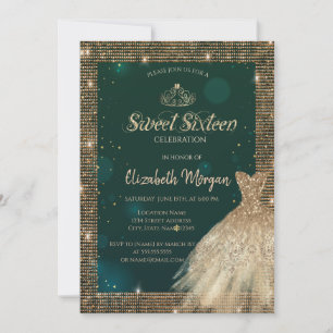Invitación Diadema de vestido verde dorado Chic, Diamantes Du