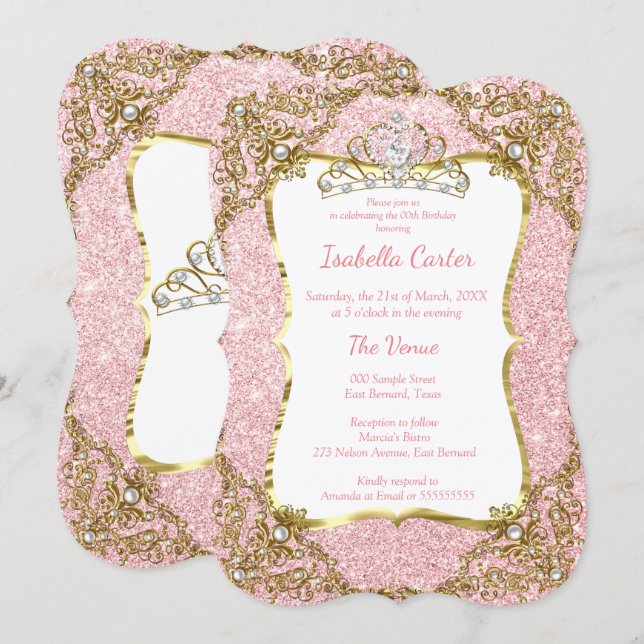 Invitación Diadema dorada blanca de fiesta de cumpleaños con  (Anverso / Reverso)