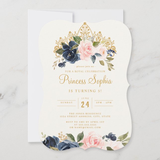Invitación Diadema Floral Princesa Blush Navy Cumpleaños (Anverso)