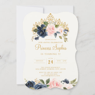 Invitación Diadema Floral Princesa Blush Navy Cumpleaños