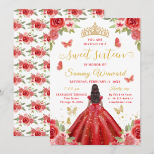 Invitación Diadema Floral Roja Princesa Negra Cumple Dieciséi