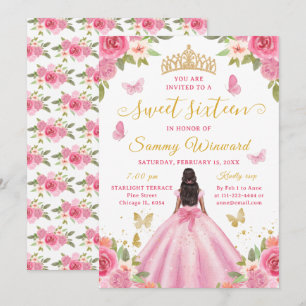 Invitación Diadema Floral Rosa Princesa Negra Cumple Dulces D