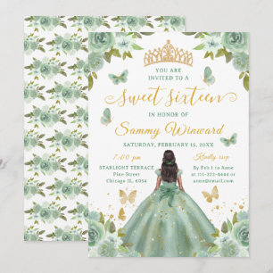 Invitación Diadema Floral Verde Princesa Negra Cumple Dulces