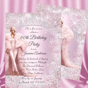 Invitación Diadema Glam Cumpleaños Rosa Plateado Invierno Paí