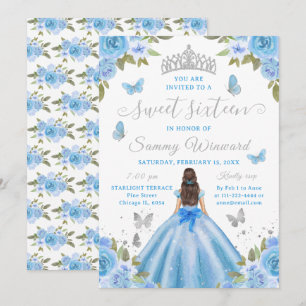 Invitación Diadema Princesa Cumple Dieciséis Floral Azul Plat