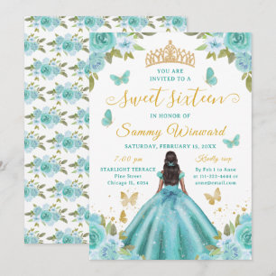 Invitación Diadema Princesa Negra Turquesa Cumple Dulces Diec