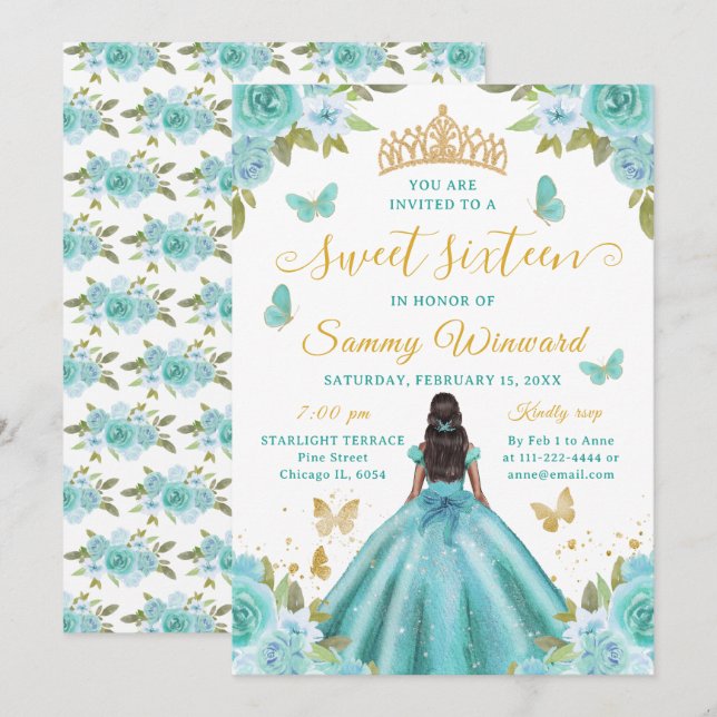 Invitación Diadema Princesa Negra Turquesa Cumple Dulces Diec (Anverso / Reverso)