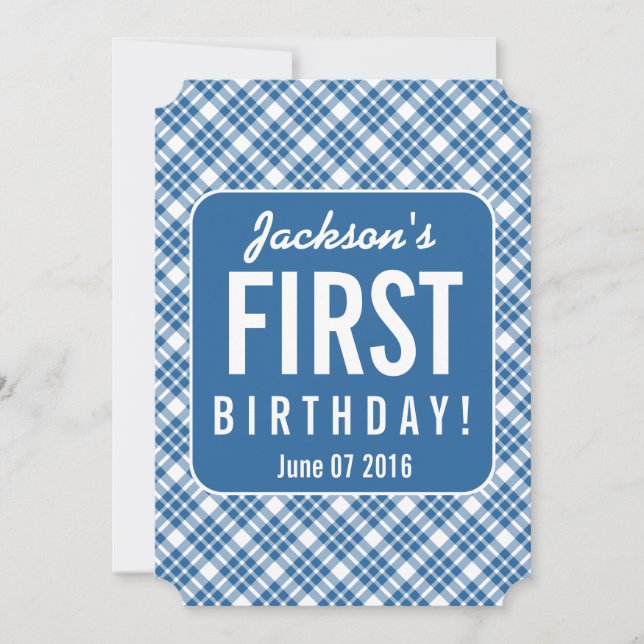 Invitación DIAGONAL AZUL PLAID 1º cumpleaños B07N de un año (Anverso)