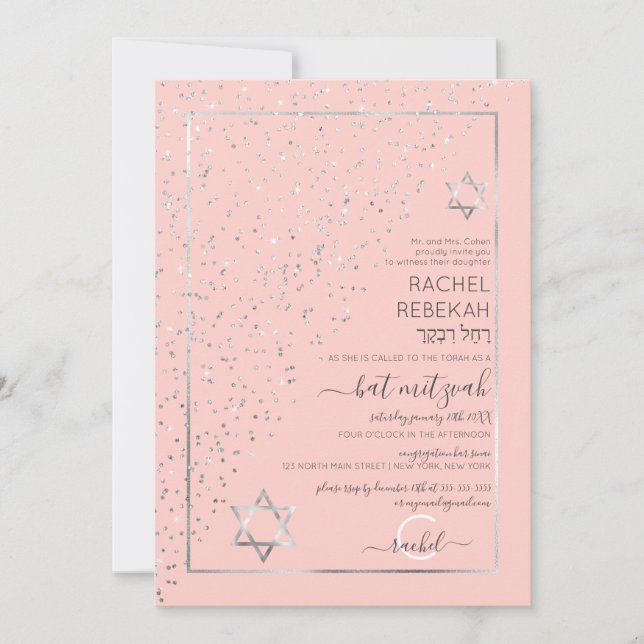 Invitación Diagonal Confetti Bat Mitzvah, Purpurina de plata  (Anverso)