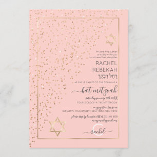 Invitación Diagonal Confetti Bat Mitzvah, Purpurina rosado de