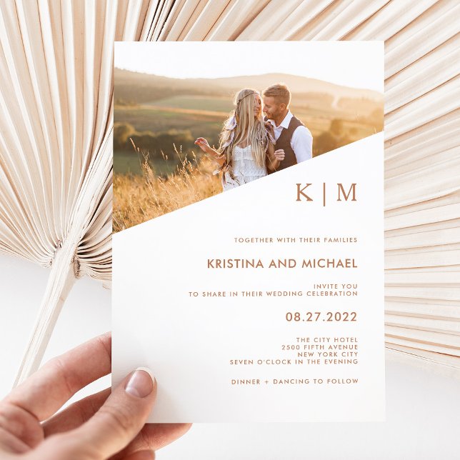 Invitación Diagonal moderna | Terracotta Boho Photo Boda (Subido por el creador)