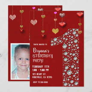 Invitación Diamante 1 1RA Fiesta de Cumpleaños Corazones de S