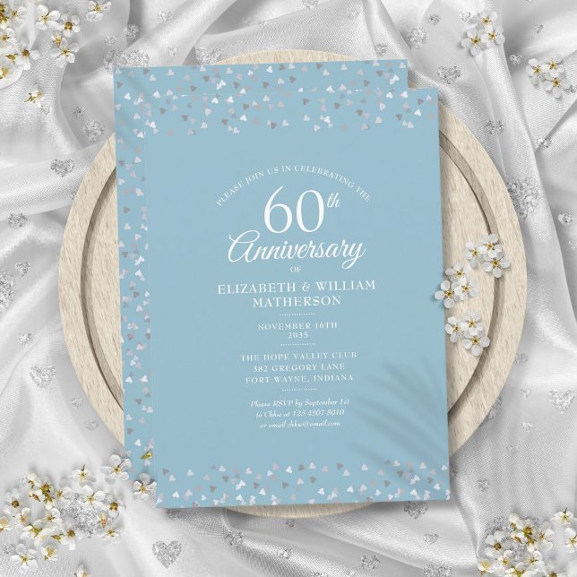 Invitación Diamante 60 Aniversario Boda Corazones Confetti (Diamond 60th Wedding Anniversary Hearts Confetti Invitation)