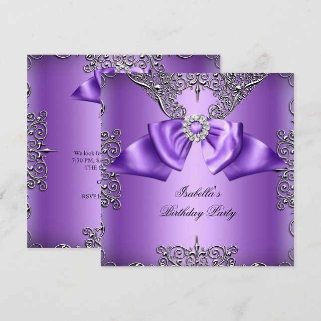 Invitación Diamante Arco Morado Plateado Elegante Cumpleaños  (Anverso / Reverso)
