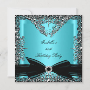 Invitación Diamante Azul Cerceta Negro Lazo Plateado Fiesta d