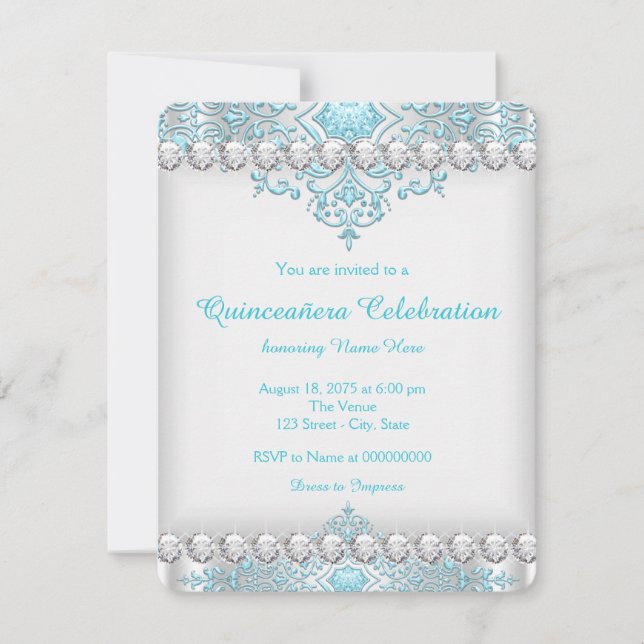 Invitación Diamante azul turquesa y plateado Quinceañera (Anverso)