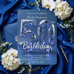 Invitación Diamante Azul Zafiro Glamuroso Cumpleaños 50