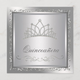 Invitación Diamante Corona Elegante Quinceañera Plata