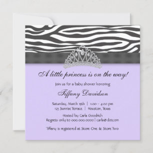 Invitación Diamante Corona Purpura Cebra Princesa Baby Shower