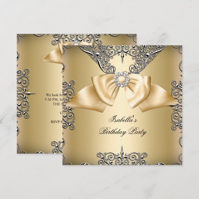 Invitación Diamante Crema de oro Bow Plata Elegante Cumpleaño (Anverso / Reverso)