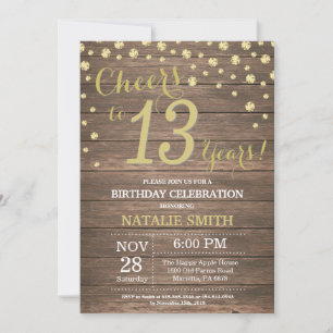 Invitación Diamante Cumpleaños 13 Años Madera Rústica Dorado